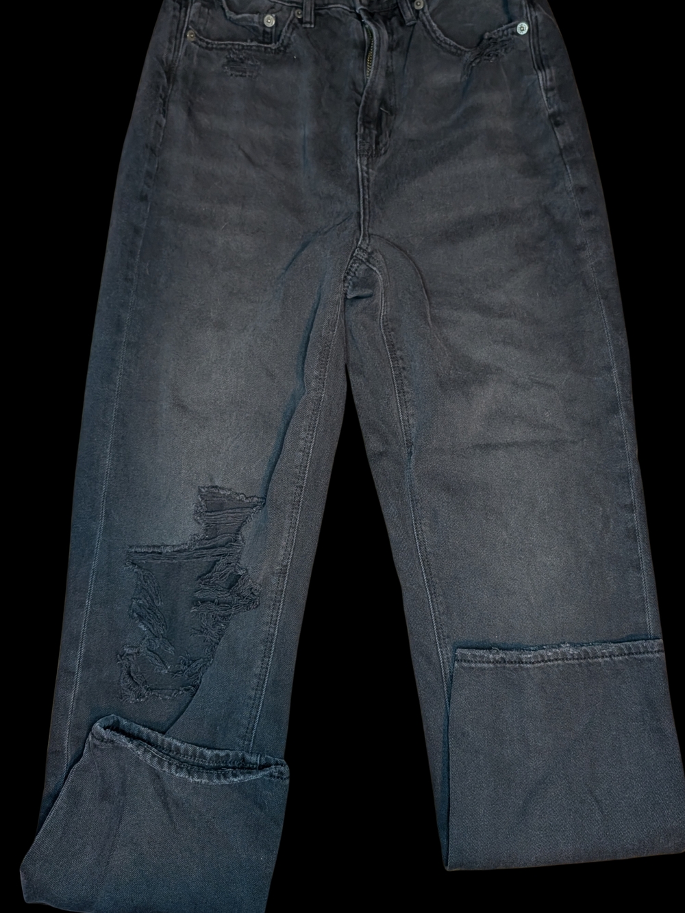 American Eagle Outfitters Women's Black Boot Cut Jeans with Distressed Knee